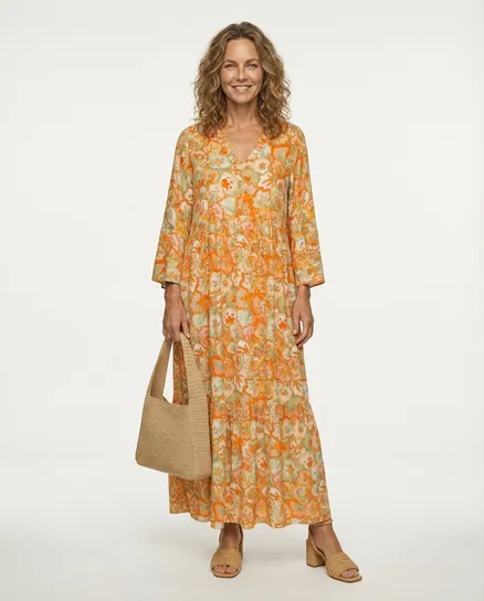 Viskosekleid Floral in orange von H. Trend