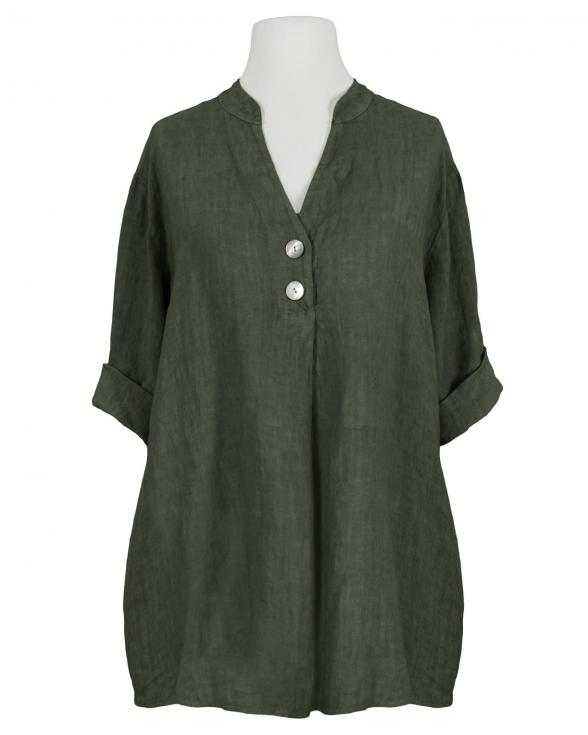 Leinenbluse Stehkragen in khaki von Puro Lino