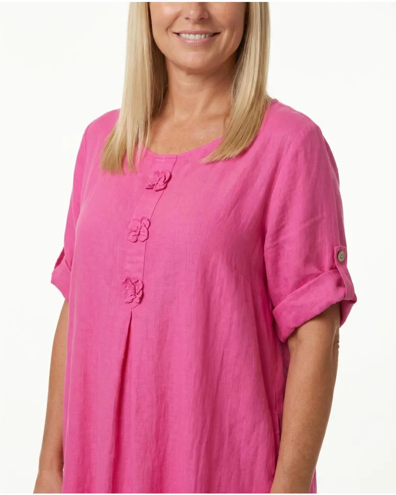 Leinenkleid mit Blumenbesatz in  pink von Puro Lino (Bild 4)