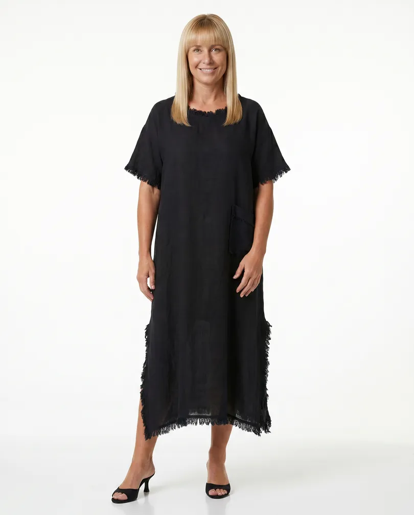 Leinenkleid mit Fransen in  schwarz von Made in Italy (Bild 3)