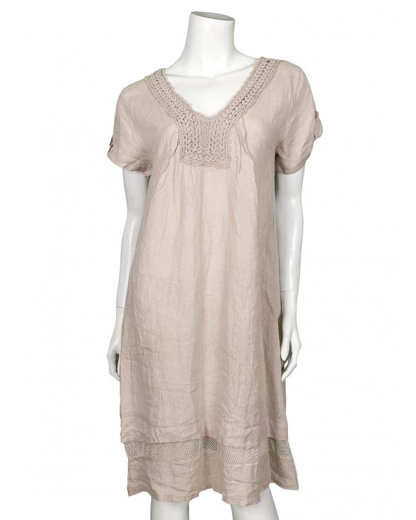 Leinenkleid mit Hkel Spitze in beige von Puro Lino