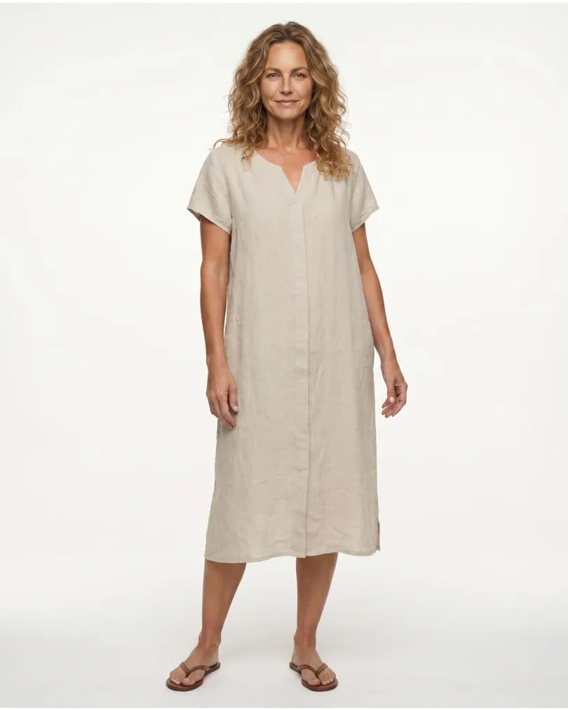 Leinenkleid Schlitzausschnitt in  beige von Puro Lino (Bild 3)