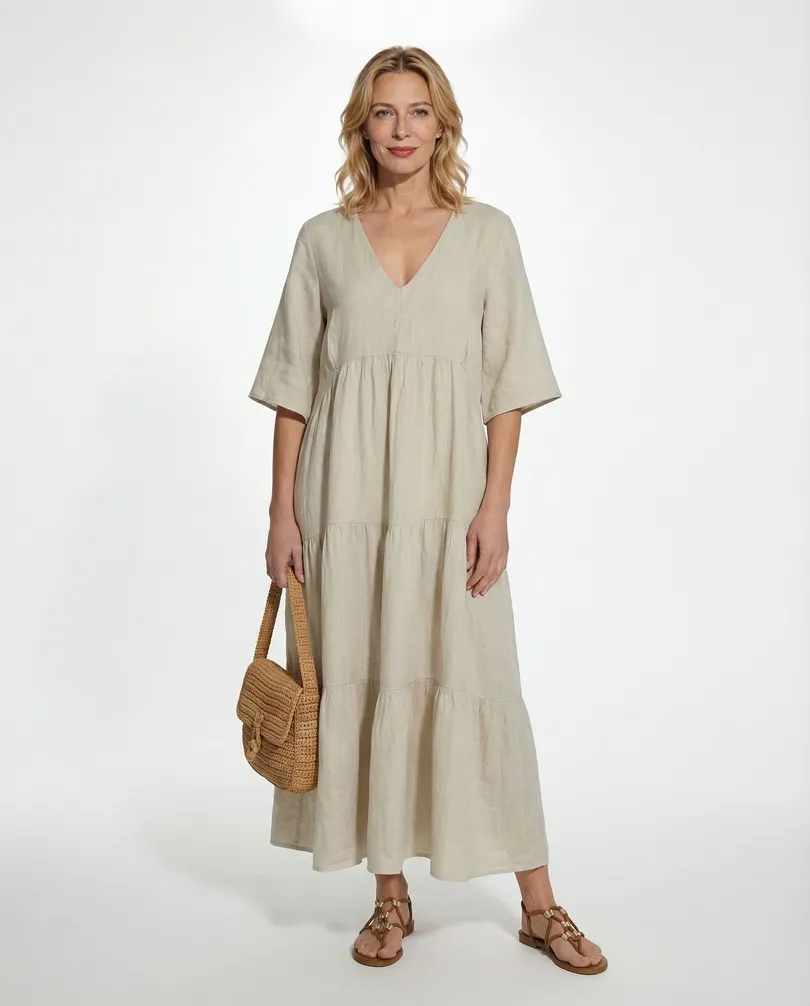 Leinenkleid V-Ausschnitt in  beige von Puro Lino (Bild 3)