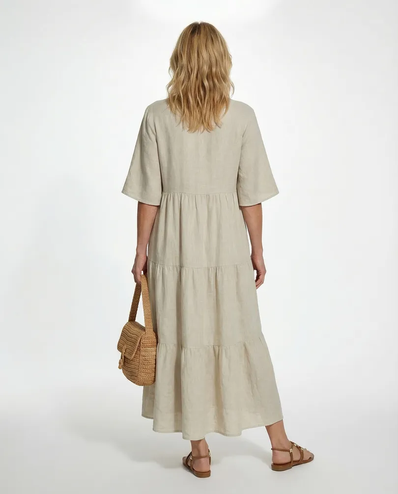 Leinenkleid V-Ausschnitt in  beige von Puro Lino (Bild 4)
