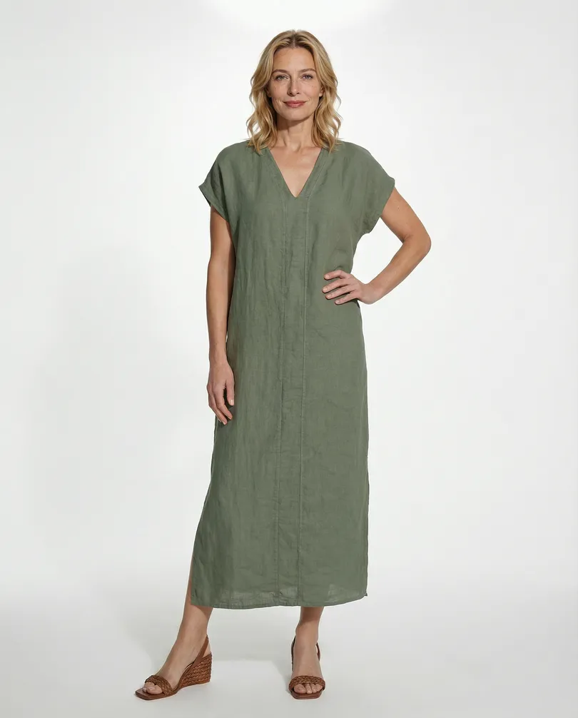 Leinenkleid V-Ausschnitt in  khaki von Puro Lino (Bild 3)