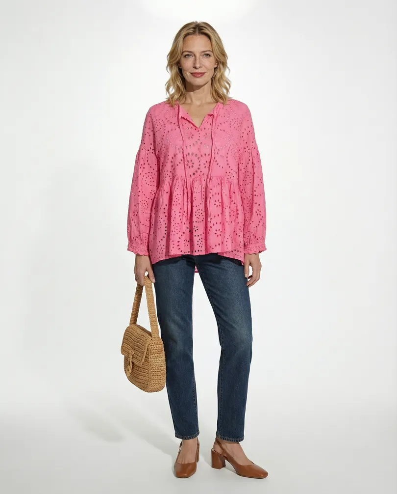 Tunika Bluse mit Lochstickerei in  pink von Made in Italy (Bild 3)