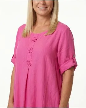 Leinenkleid mit Blumenbesatz in  pink von Puro Lino (Bild 4)