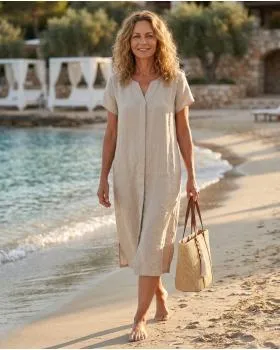 Leinenkleid Schlitzausschnitt in  beige von Puro Lino (Bild 5)