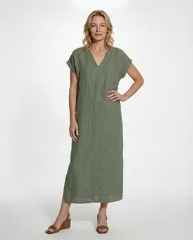 Leinenkleid V-Ausschnitt in  khaki von Puro Lino (Bild 3)