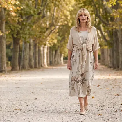 Frau in creme farbigem Kleid mit Blumenmuster