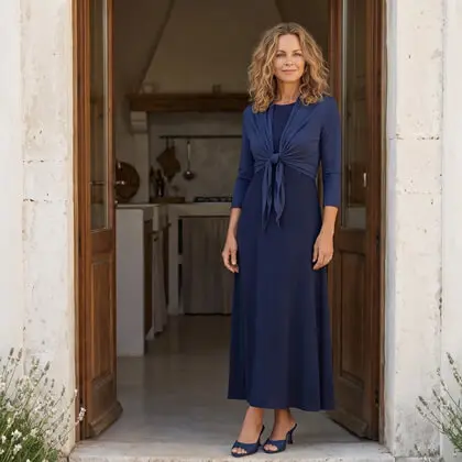 Frau in blauem Kleid mit Bolero in blau