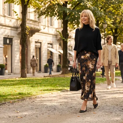 Frau in schwarzem Pullover und braun gemustertem Rock in der City