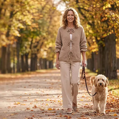 Frau in aktueller italienischer Herbstmode in Braun und Beiget&ouml;nen mit ihrem Hund im Park