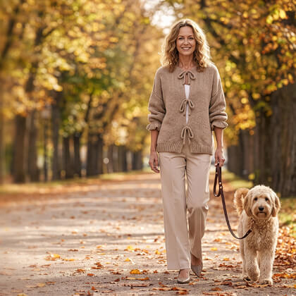 Frau mit brauner Strickjacke und ihrem Hund im herbstlichen Park