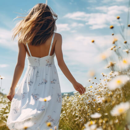 Frau mit Sommerkleid in Blumenfeld