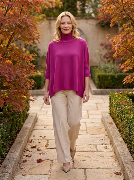 Frau mit beerefarbenem Pullover
