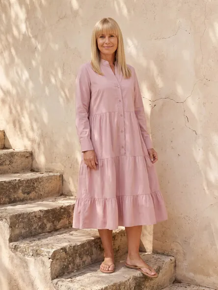 Frau in rosa Blusenkleid
