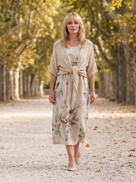 Frau in creme farbigem Kleid mit Blumenmuster und Strickbolero