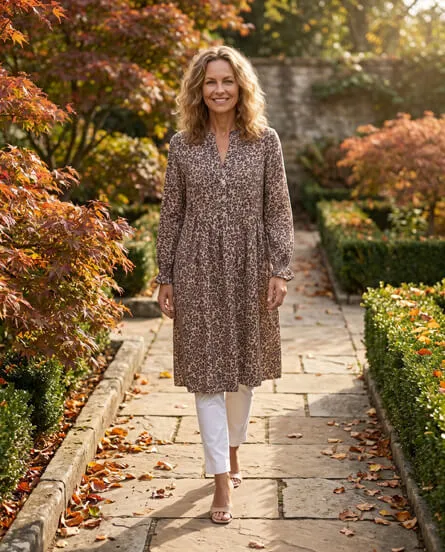Frau in Kombination florales Kleid mit Hose