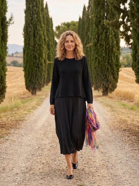 Frau in schwarzem Strickkleid in herbstlicher Landschaft